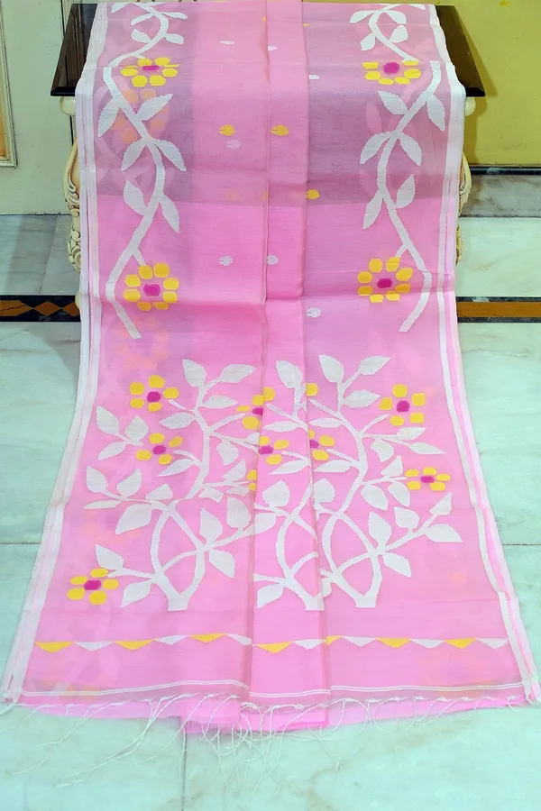 Hand_Woven_Muslin_Silk_Jamdani_Saree_In_Pink_Pearl_Off_White_Yellow_And_Hot_Pink