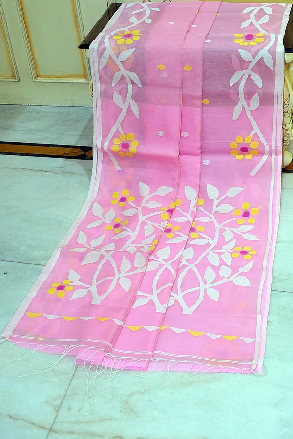 Hand_Woven_Muslin_Silk_Jamdani_Saree_In_Pink_Pearl_Off_White_Yellow_And_Hot_Pink