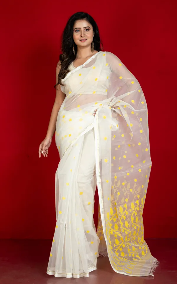 Hand_Woven_Satin_Silk_Slim_Border_Solapuri_Soft_Muslin_Silk_Jamdani_Saree_With_Needle_Karat_Pallu_In_Off_White_Bright_Yellow_And_Golden
