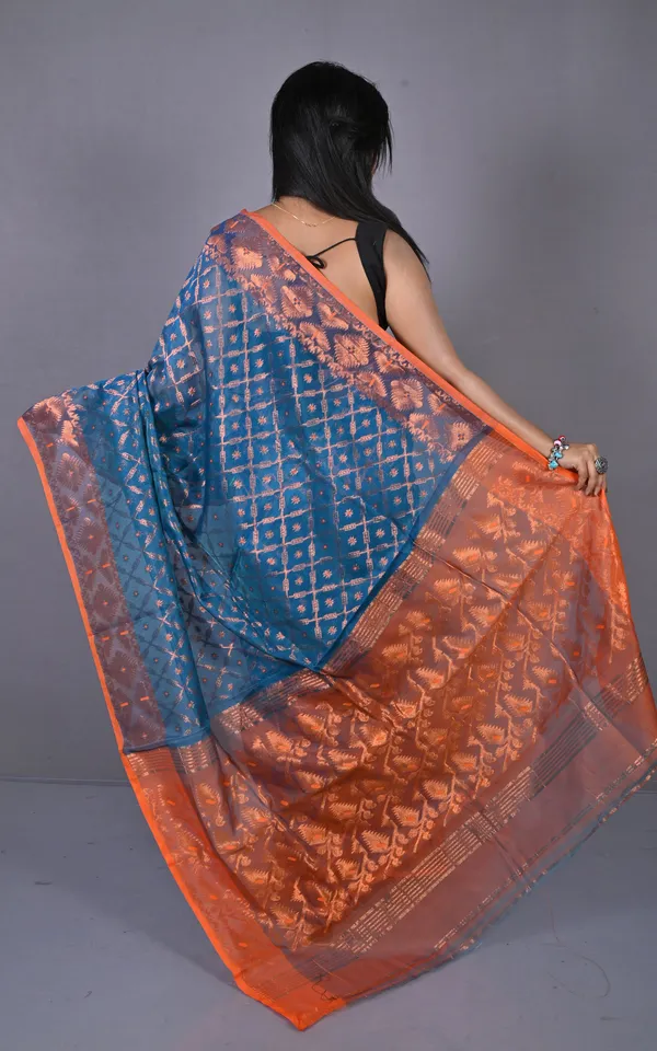 Soft_Zari_Brocade_Dhakai_Jamdani_Saree_In_Egyptian_Blue_Orange_And_Copper