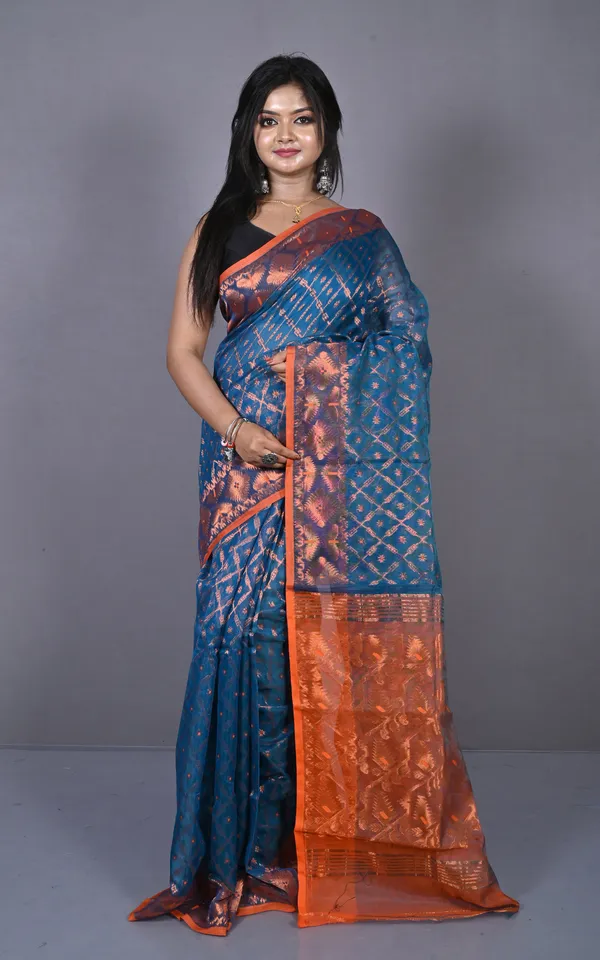 Soft_Zari_Brocade_Dhakai_Jamdani_Saree_In_Egyptian_Blue_Orange_And_Copper