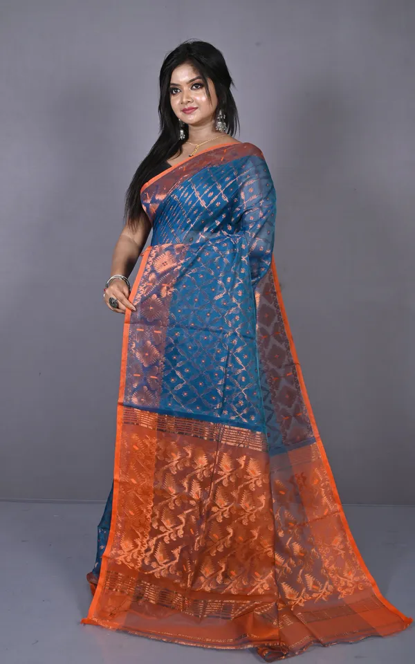 Soft_Zari_Brocade_Dhakai_Jamdani_Saree_In_Egyptian_Blue_Orange_And_Copper