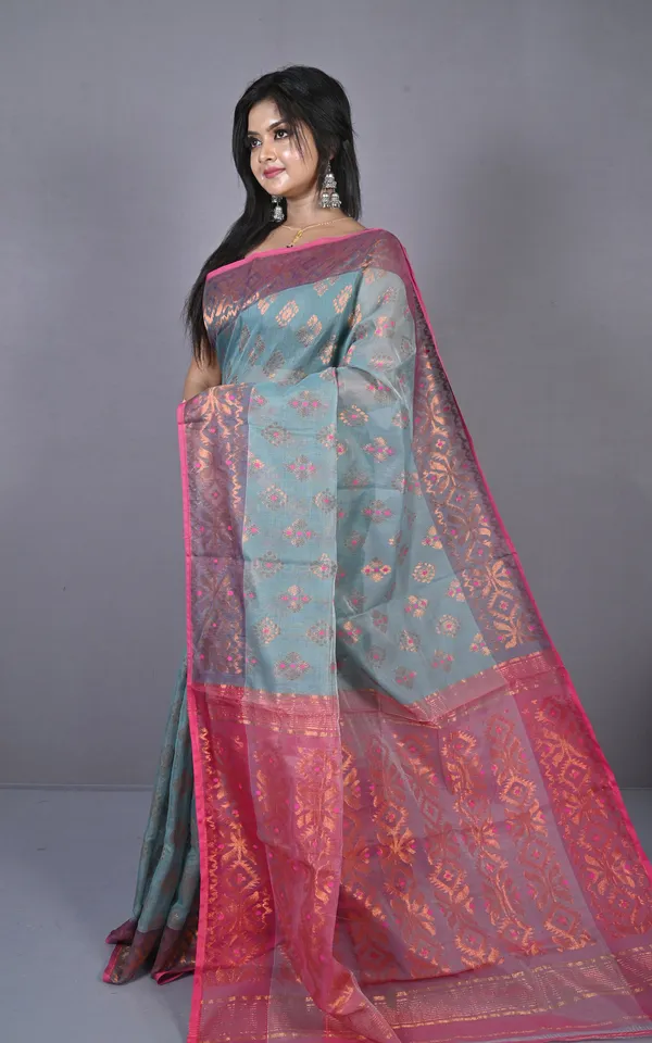 Soft_Zari_Brocade_Dhakai_Jamdani_Saree_In_Light_Grey_Hot_Pink_And_Copper