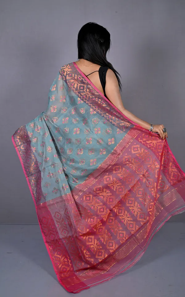 Soft_Zari_Brocade_Dhakai_Jamdani_Saree_In_Light_Grey_Hot_Pink_And_Copper