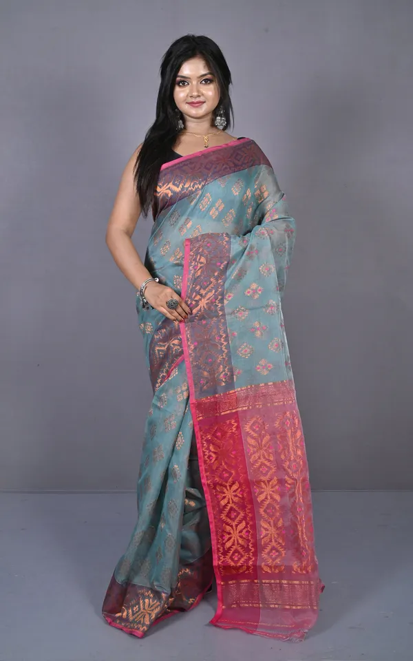 Soft_Zari_Brocade_Dhakai_Jamdani_Saree_In_Light_Grey_Hot_Pink_And_Copper