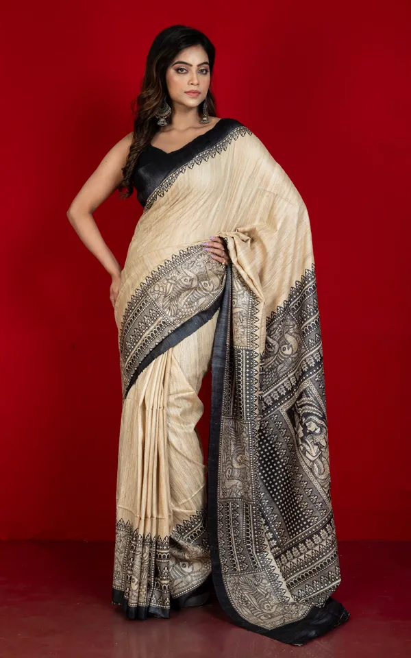 Soft_Tussar_Ghicha_Kalamkari_Saree_In_Natural_Beige_And_Black