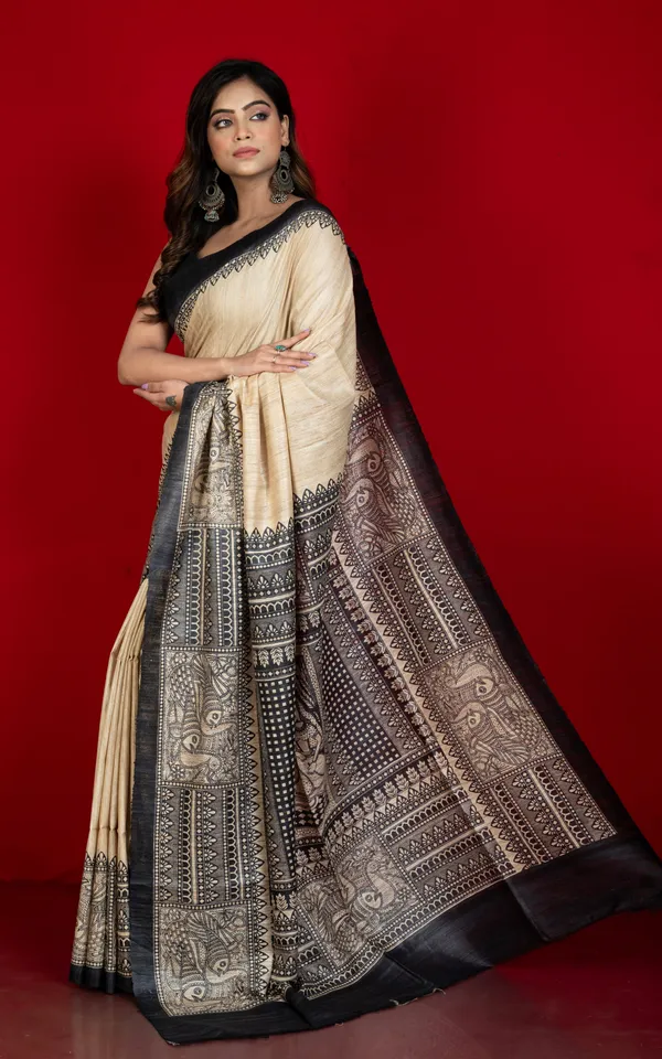 Soft_Tussar_Ghicha_Kalamkari_Saree_In_Natural_Beige_And_Black