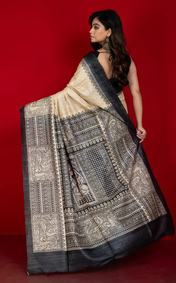 Soft_Tussar_Ghicha_Kalamkari_Saree_In_Natural_Beige_And_Black