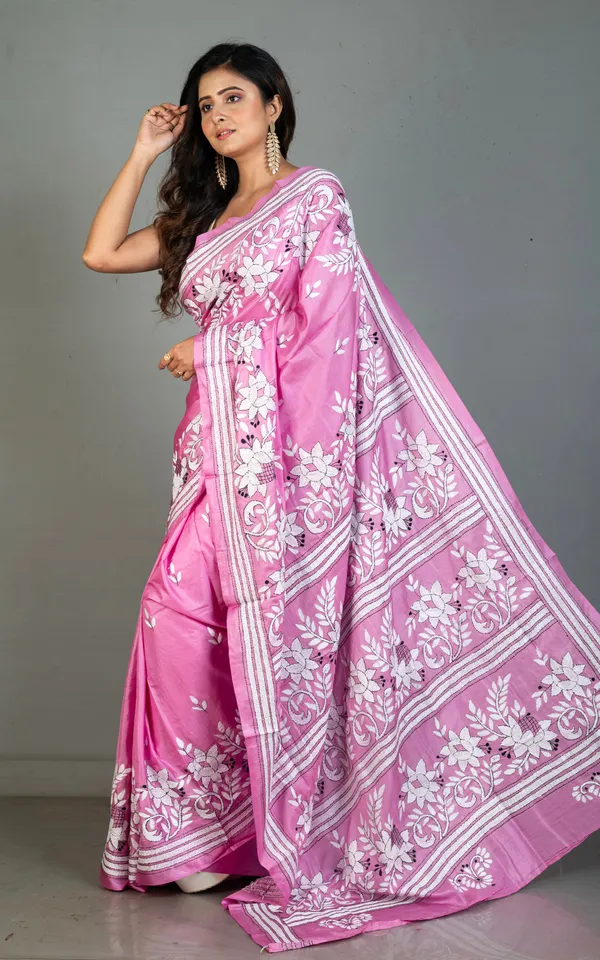 Hand_Embroidery_Blended_Silk_Kantha_Work_Saree_In_Pink_Off_White_And_Black_Thread_Work
