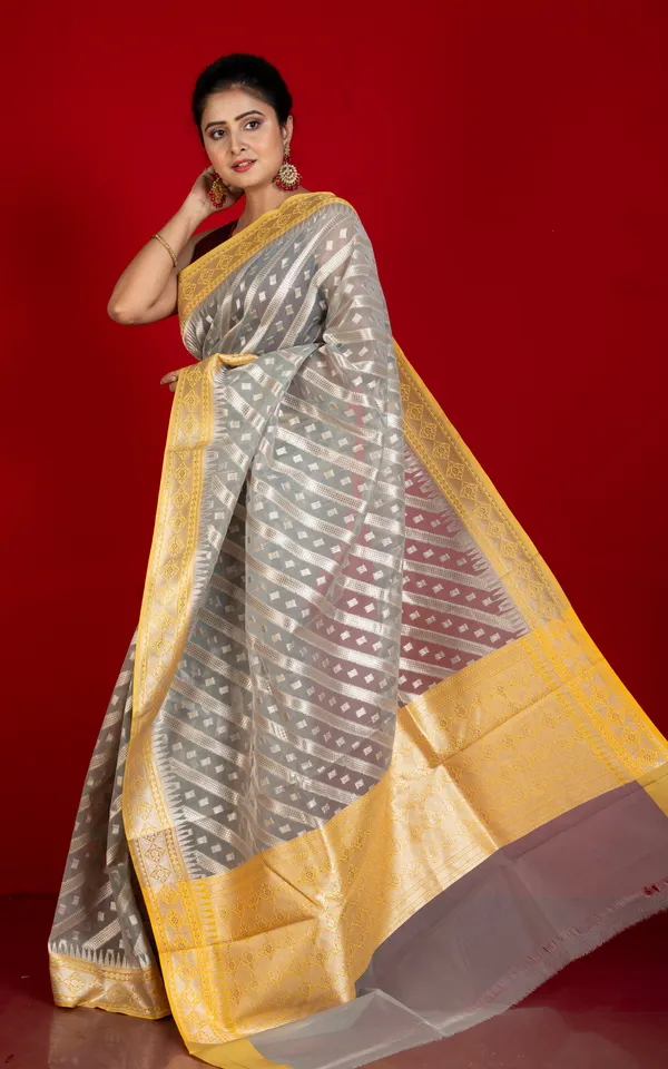 Designer_Kora_Organza_Silk_Banarasi_Saree_In_Heather_Grey_With_Harvest_Gold_And_Silver_Aara_Zari_Nakshi_Work