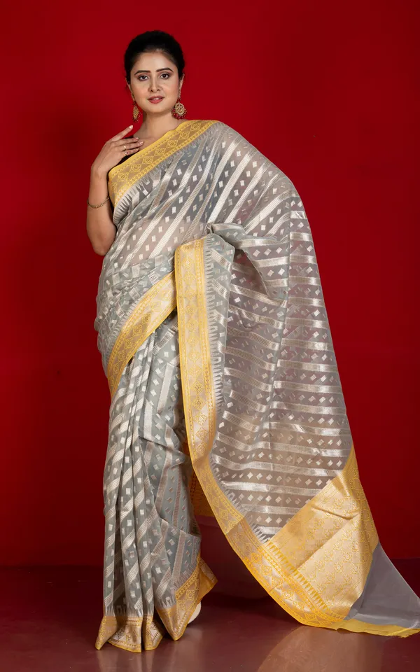 Designer_Kora_Organza_Silk_Banarasi_Saree_In_Heather_Grey_With_Harvest_Gold_And_Silver_Aara_Zari_Nakshi_Work