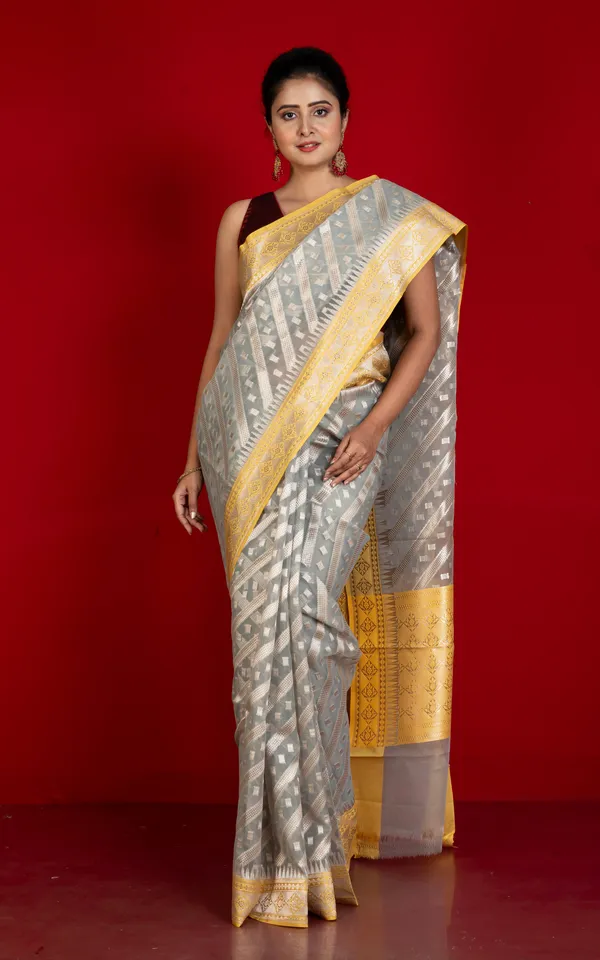 Designer_Kora_Organza_Silk_Banarasi_Saree_In_Heather_Grey_With_Harvest_Gold_And_Silver_Aara_Zari_Nakshi_Work