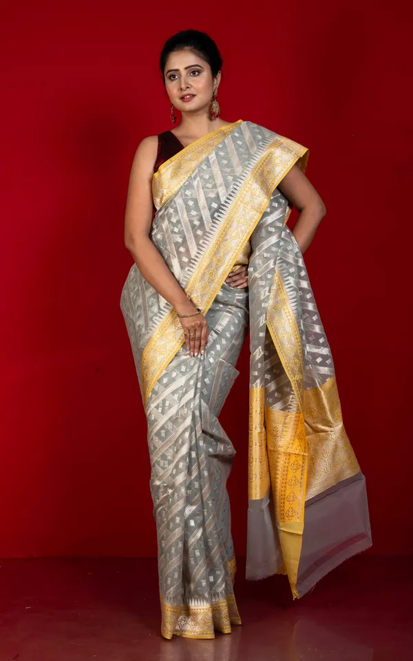 Designer_Kora_Organza_Silk_Banarasi_Saree_In_Heather_Grey_With_Harvest_Gold_And_Silver_Aara_Zari_Nakshi_Work
