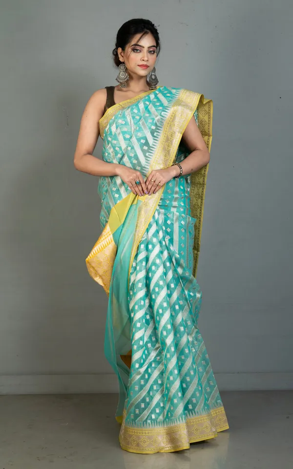 Designer_Kora_Organza_Silk_Banarasi_Saree_In_Medium_Turquoise_With_Pastel_Yellow_And_Silver_Aara_Zari_Nakshi_Work