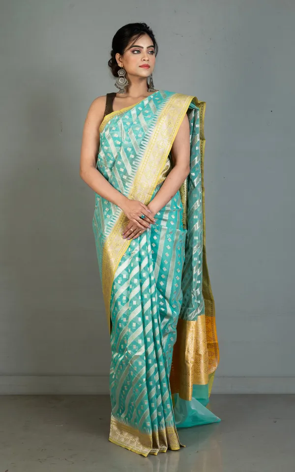 Designer_Kora_Organza_Silk_Banarasi_Saree_In_Medium_Turquoise_With_Pastel_Yellow_And_Silver_Aara_Zari_Nakshi_Work