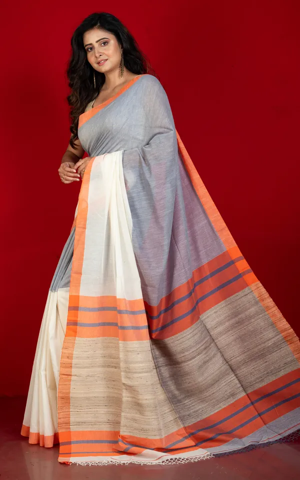 Tussar_Ghicha_Pallu_Work_Poth_Border_Soft_Cotton_Saree_In_Regent_Grey_Off_White_And_Orange