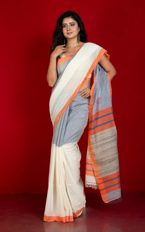 Tussar_Ghicha_Pallu_Work_Poth_Border_Soft_Cotton_Saree_In_Regent_Grey_Off_White_And_Orange