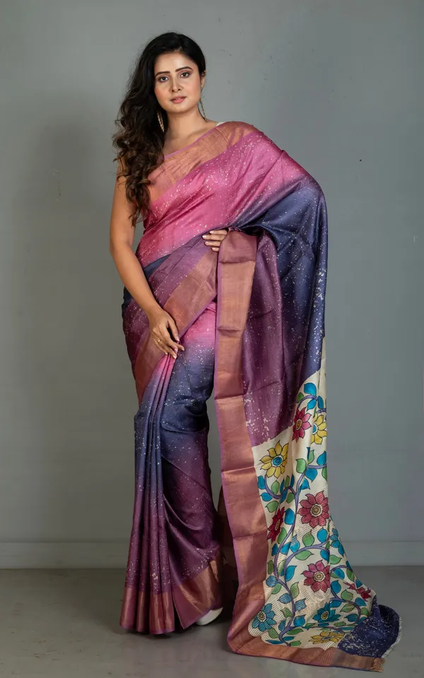 Shibori_Kalamkari_Soft_Tussar_Silk_Saree_In_Pink_Purple_Lilac_And_Multicolor