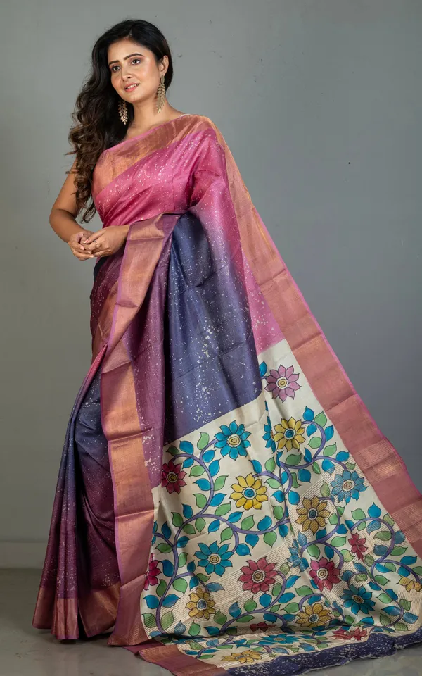 Shibori_Kalamkari_Soft_Tussar_Silk_Saree_In_Pink_Purple_Lilac_And_Multicolor