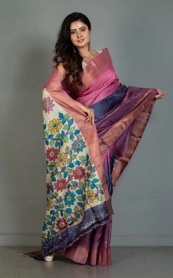 Shibori_Kalamkari_Soft_Tussar_Silk_Saree_In_Pink_Purple_Lilac_And_Multicolor