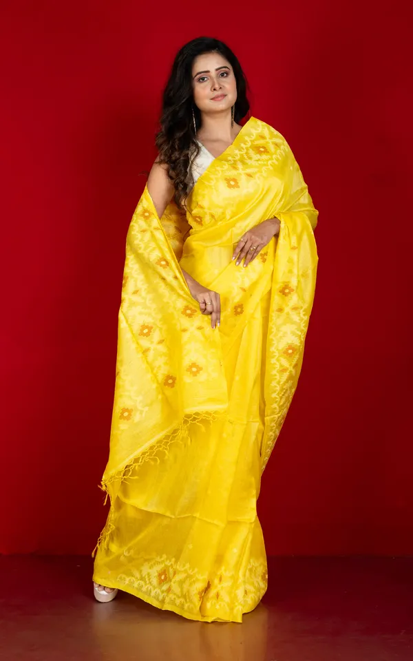 Premium_Quality_Tussar_Silk_Hand_Woven_Karat_Work_Saree_In_Bright_Yellow_Brown_And_Off_White