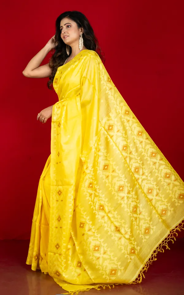Premium_Quality_Tussar_Silk_Hand_Woven_Karat_Work_Saree_In_Bright_Yellow_Brown_And_Off_White