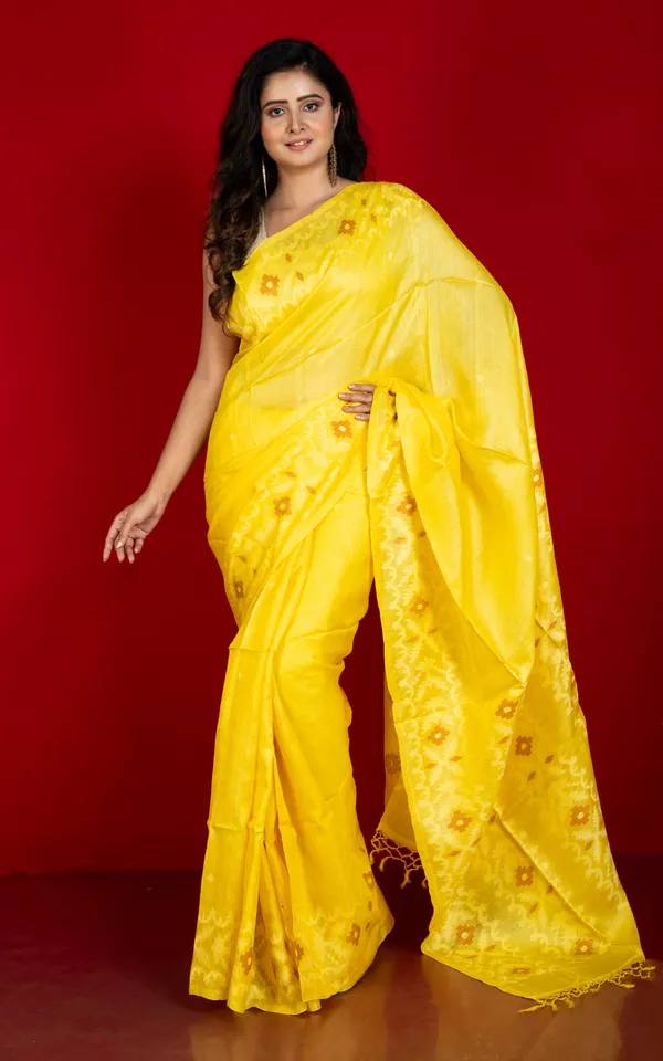 Premium_Quality_Tussar_Silk_Hand_Woven_Karat_Work_Saree_In_Bright_Yellow_Brown_And_Off_White