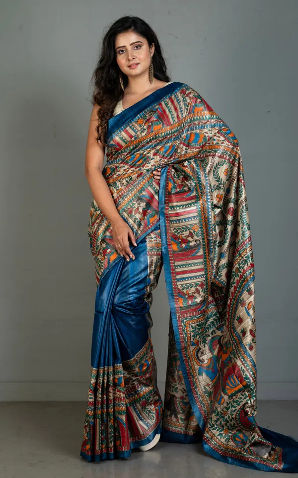 Premium_Quality_Hand_Paint_Madhubani_On_Natural_Ghicha_Tussar_Silk_Saree_In_Dark_Sapphire_Blue_Natural_Beige_And_Multicolor