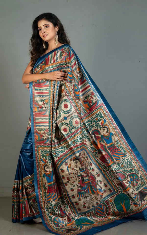Premium_Quality_Hand_Paint_Madhubani_On_Natural_Ghicha_Tussar_Silk_Saree_In_Dark_Sapphire_Blue_Natural_Beige_And_Multicolor
