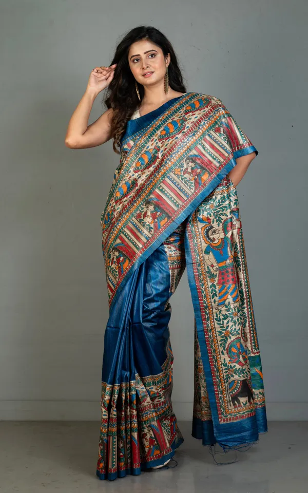 Premium_Quality_Hand_Paint_Madhubani_On_Natural_Ghicha_Tussar_Silk_Saree_In_Dark_Sapphire_Blue_Natural_Beige_And_Multicolor
