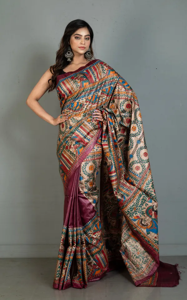 Premium_Quality_Hand_Paint_Madhubani_On_Natural_Ghicha_Tussar_Silk_Saree_In_Mulberry_Purple_Natural_Beige_And_Multicolor