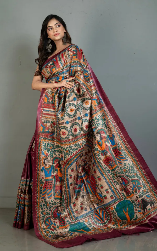 Premium_Quality_Hand_Paint_Madhubani_On_Natural_Ghicha_Tussar_Silk_Saree_In_Mulberry_Purple_Natural_Beige_And_Multicolor