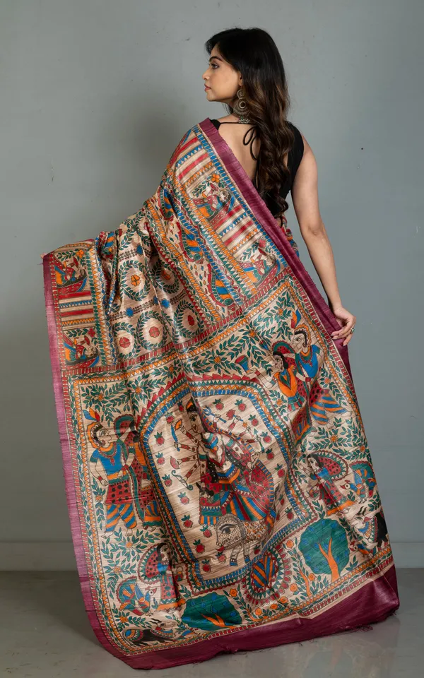 Premium_Quality_Hand_Paint_Madhubani_On_Natural_Ghicha_Tussar_Silk_Saree_In_Mulberry_Purple_Natural_Beige_And_Multicolor