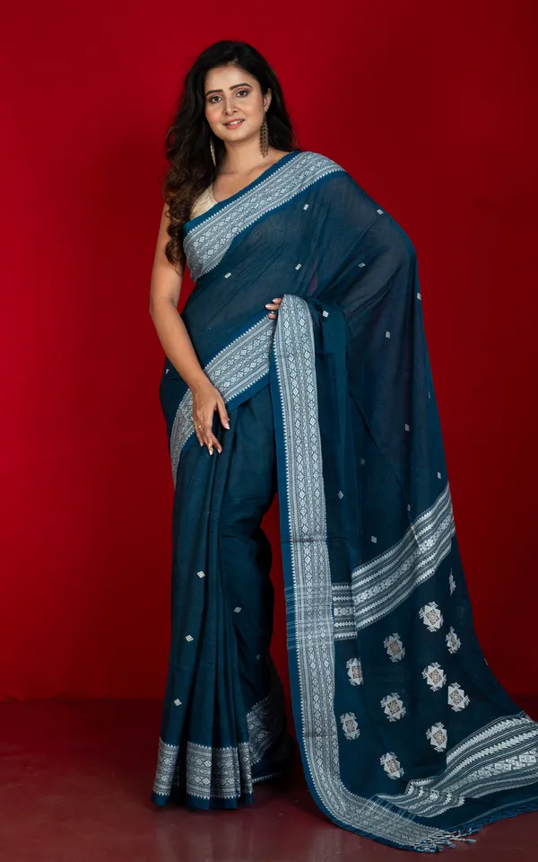 Premium_Quality_Double_Warp_Soft_Pure_Cotton_Bomkai_Saree_In_Regal_Blue_Off_White_And_Beige
