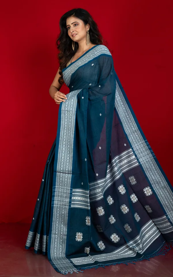 Premium_Quality_Double_Warp_Soft_Pure_Cotton_Bomkai_Saree_In_Regal_Blue_Off_White_And_Beige