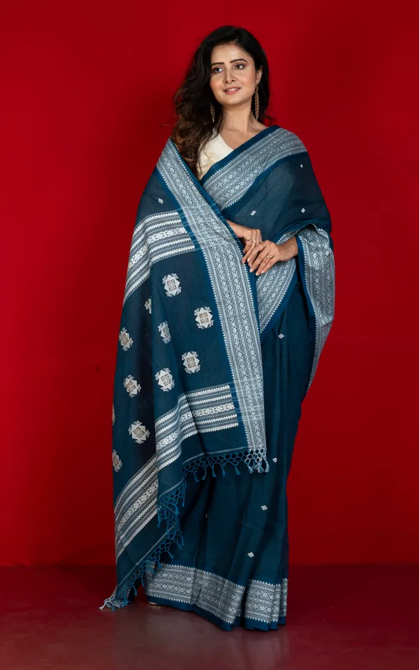Premium_Quality_Double_Warp_Soft_Pure_Cotton_Bomkai_Saree_In_Regal_Blue_Off_White_And_Beige