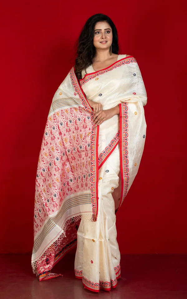 Premium_Quality_Tussar_Silk_Nakshi_Work_Saree_In_Off_White_Red_Mustard_And_Navy_Blue