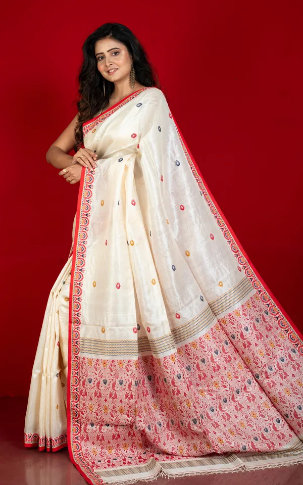 Premium_Quality_Tussar_Silk_Nakshi_Work_Saree_In_Off_White_Red_Mustard_And_Navy_Blue