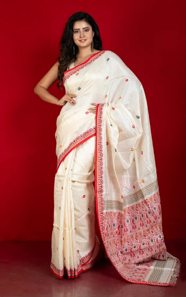 Premium_Quality_Tussar_Silk_Nakshi_Work_Saree_In_Off_White_Red_Mustard_And_Navy_Blue