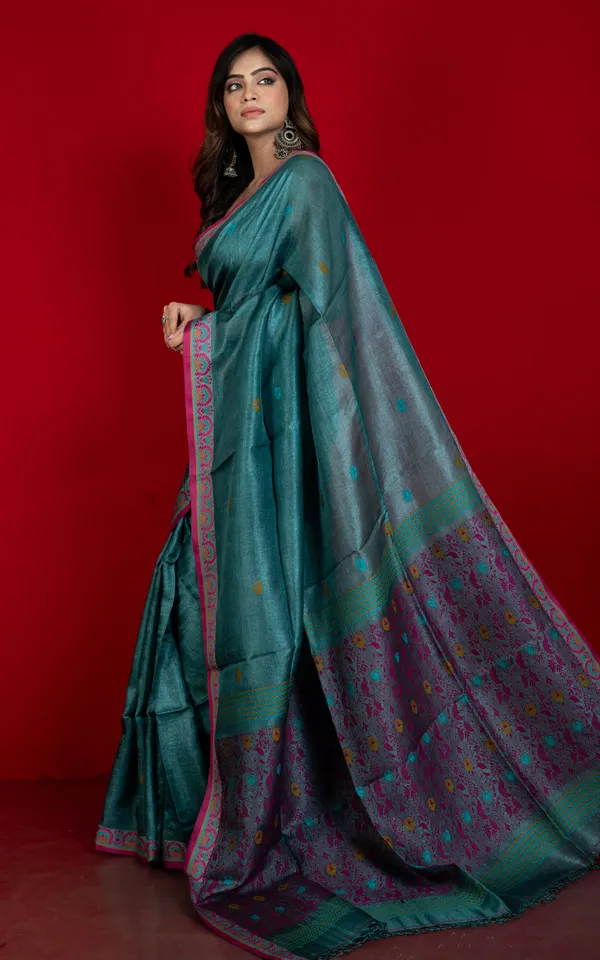 Premium_Quality_Tussar_Silk_Nakshi_Work_Saree_In_Bluemine_Magenta_Mustard_And_Cerulean_Blue