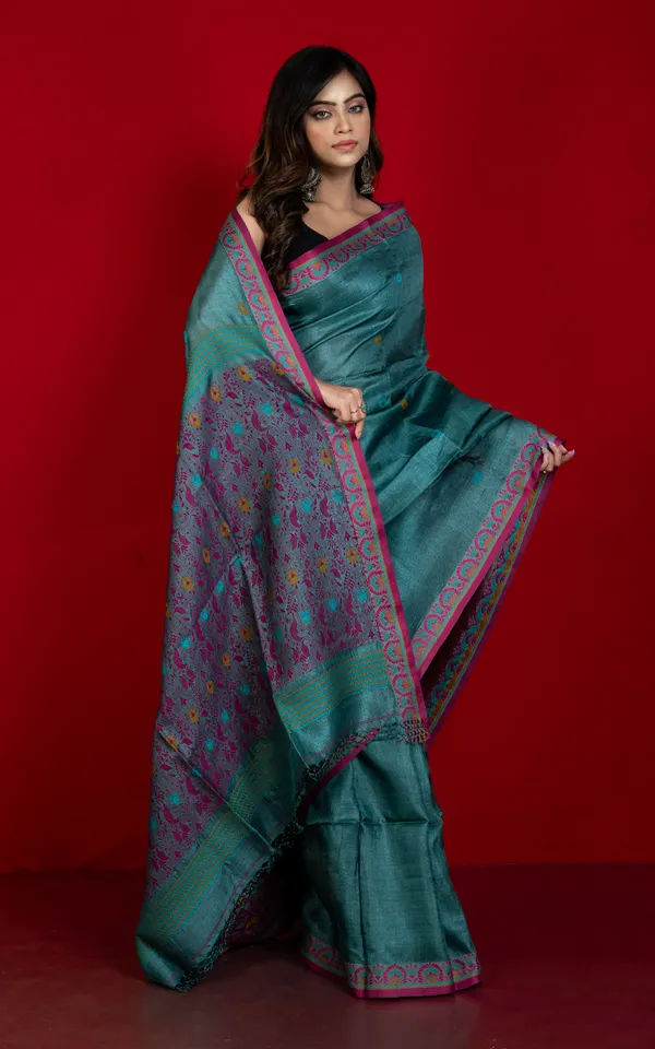 Premium_Quality_Tussar_Silk_Nakshi_Work_Saree_In_Bluemine_Magenta_Mustard_And_Cerulean_Blue
