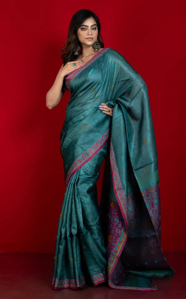 Premium_Quality_Tussar_Silk_Nakshi_Work_Saree_In_Bluemine_Magenta_Mustard_And_Cerulean_Blue
