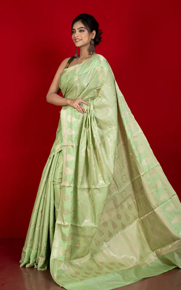 Tan_Chui_Work_Softy_Katan_Silk_Saree_In_Pixie_Green_And_Antique_Golden
