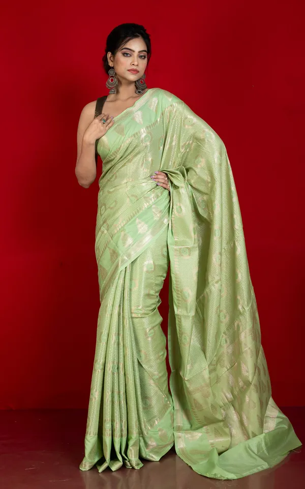 Tan_Chui_Work_Softy_Katan_Silk_Saree_In_Pixie_Green_And_Antique_Golden