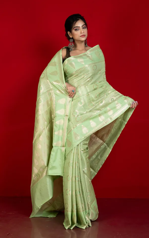 Tan_Chui_Work_Softy_Katan_Silk_Saree_In_Pixie_Green_And_Antique_Golden