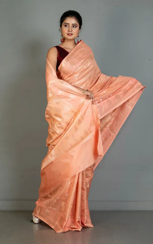 Tan_Chui_Work_Softy_Katan_Silk_Saree_In_Deep_Peach_And_Antique_Golden