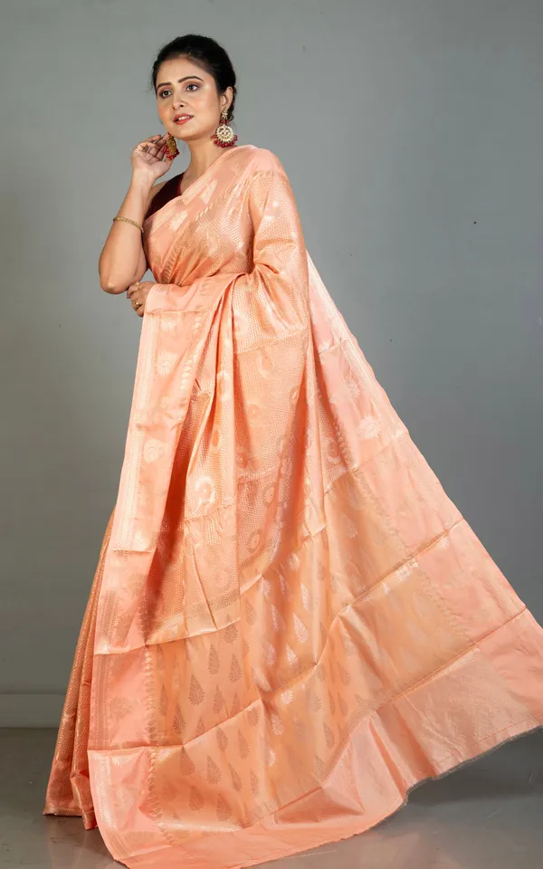 Tan_Chui_Work_Softy_Katan_Silk_Saree_In_Deep_Peach_And_Antique_Golden