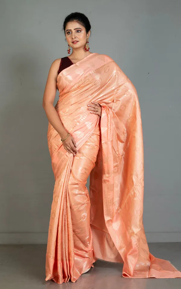 Tan_Chui_Work_Softy_Katan_Silk_Saree_In_Deep_Peach_And_Antique_Golden