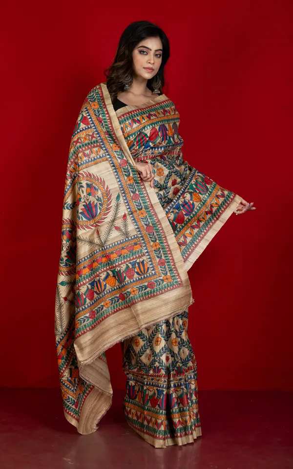 Premium_Quality_All_Over_Hand_Painted_Madhubani_Motifs_On_Natural_Ghicha_Tussar_Silk_Saree_In_Solitaire_Beige_And_Multicolor