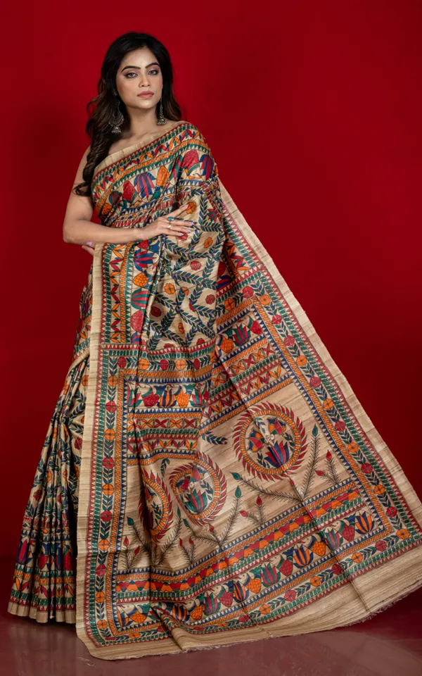 Premium_Quality_All_Over_Hand_Painted_Madhubani_Motifs_On_Natural_Ghicha_Tussar_Silk_Saree_In_Solitaire_Beige_And_Multicolor